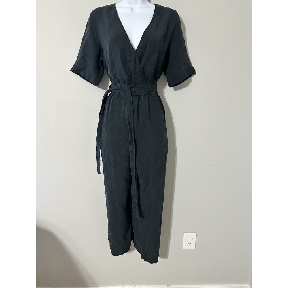 VETTA Capsule Black Wrap Jumpsuit Short Sleeve Wide Leg Tencel Linen Size‎ M EUC - Picture 2 of 8